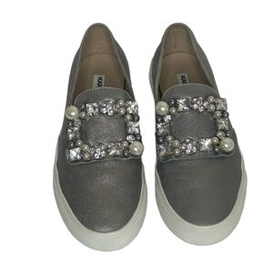 Karl Lagerfeld Paris Evelyn Leather Jeweled Slip On Sneakers Shimmer Pewter 6M